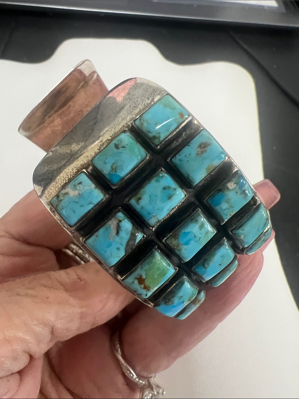 Sterling silver Turquoise Square Stone Cuff Bracelet - Women Jewelry - Picture 3 of 15